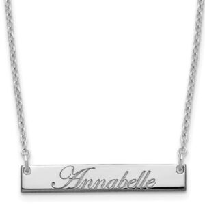 Sterling silver Edwardian script font engraveable necklace featuring an 18” sterling silver chain