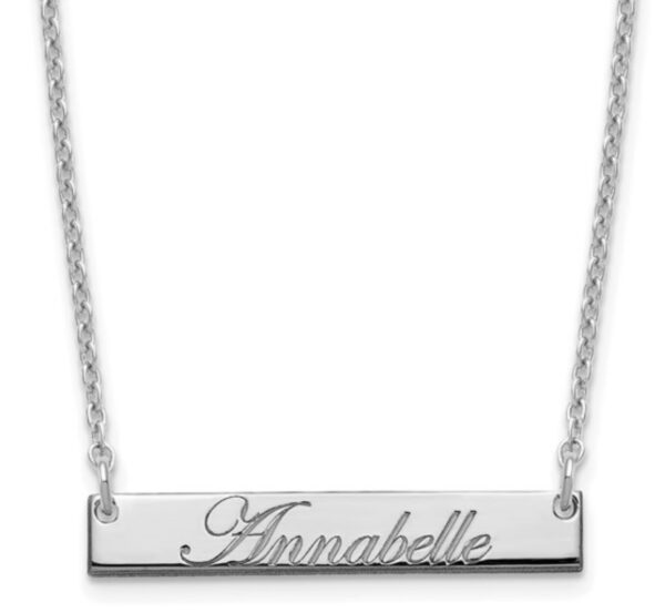 Sterling silver Edwardian script font engraveable necklace featuring an 18” sterling silver chain